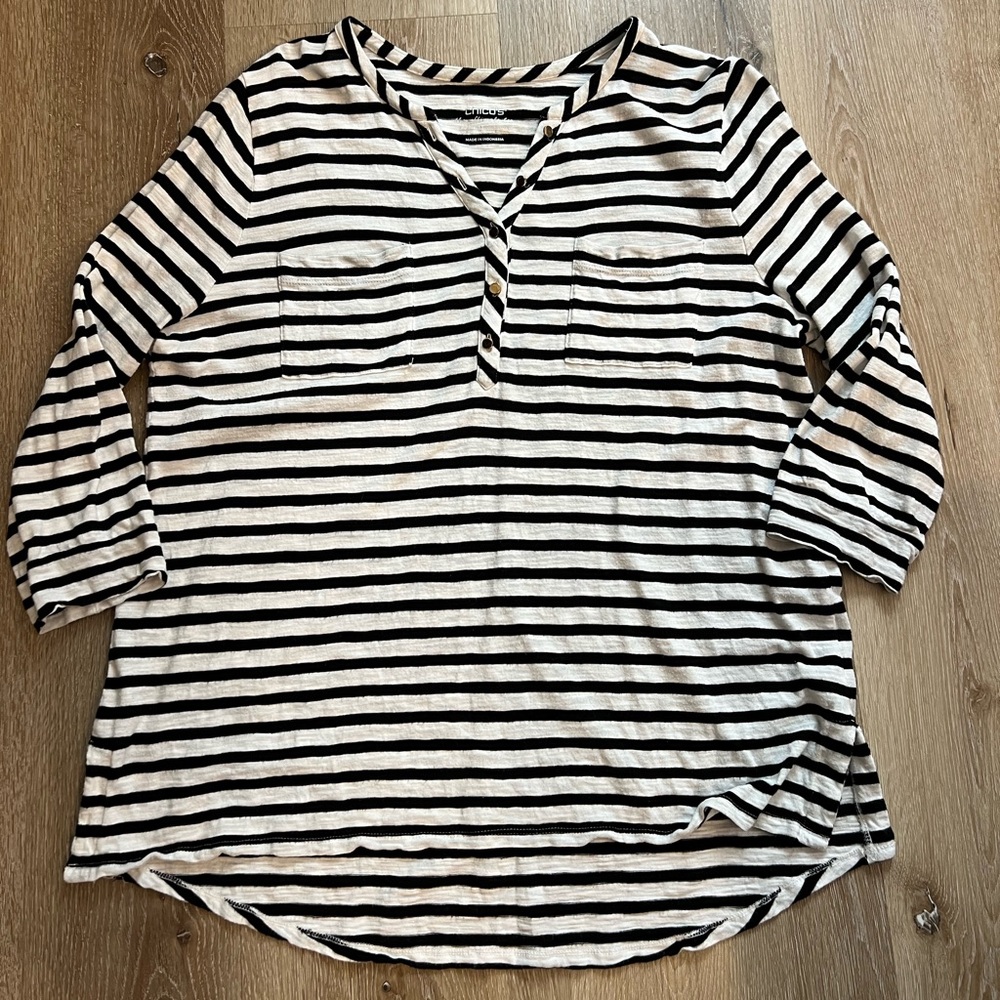 Chico's Black and White Striped Button Down Shirt